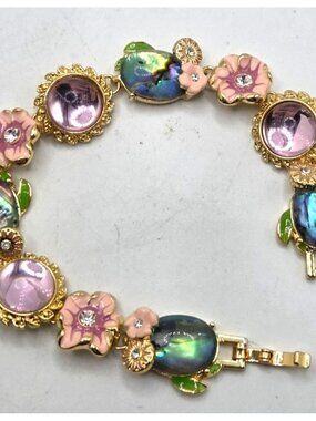 Floral Gold-Tone Bracelet With Pink Enamel Abalone Accents & Rhinestones